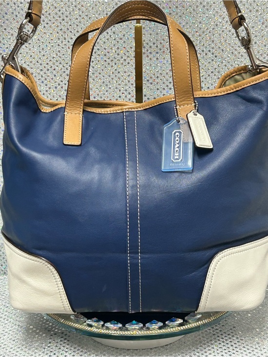 Coach Handbags - COACH Navy Leather Shoulder Strap w/ White & Tan Accents Approx 17 x 11 x 6